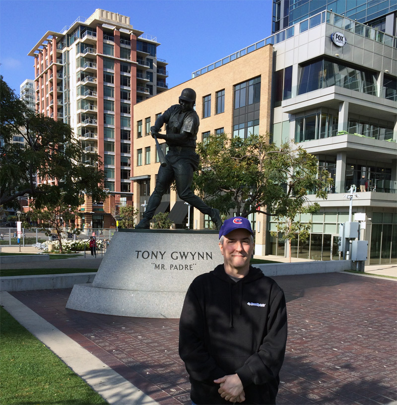 Pat in front of Tony Gwynn Statue at Petco Park