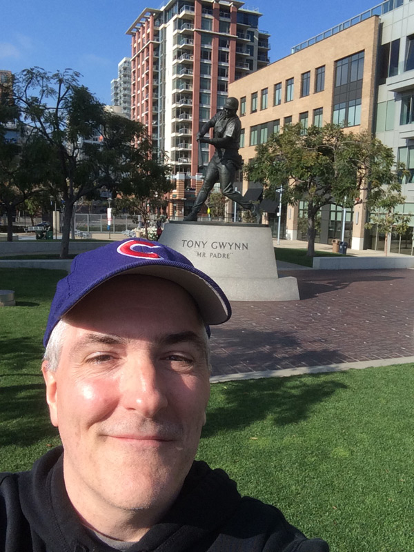 Pat in front of Tony Gwynn Statue at Petco Park