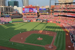 View from behind home plate at Busch Stadium  during game  - June 1, 2019