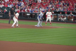View from third base line of Anthony Rizzo holding man on first - June 1, 2019