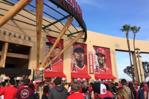 People wait to get into Angel Stadium