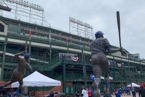 Statues with Wrigley Field in background