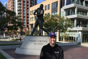 Pat in front of Tony Gwynn Statue at Petco Park