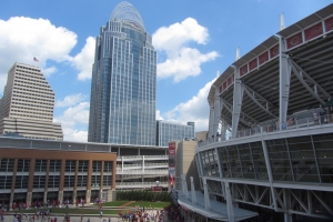 View of Great American Ball Park and the city