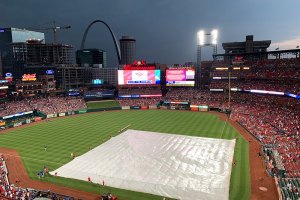 View from behind home plate during rain delay at Busch Stadium  - June 1, 2019