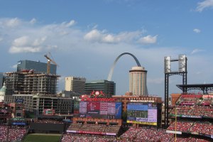 St. Lous  skyline and Arch from behind home plate at Busch Stadium  - June 1, 2019
