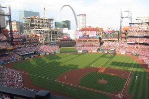 View of Arch from behind home plate at Busch Stadium - June 1, 2019