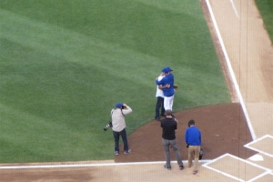 Broadway Joe Namath celebrates throwing out the first pitch to Joe Maddon.