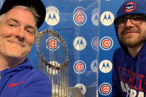 Pat and Tommy with World Series Trophy - April 24, 2019
